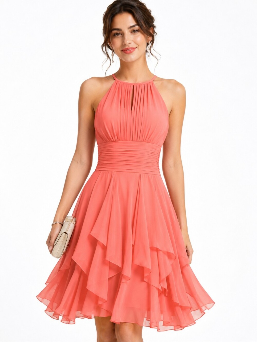 NWT JJ’s House Thanea Coral Chiffon Halter Ruffle Midi Dress US 8